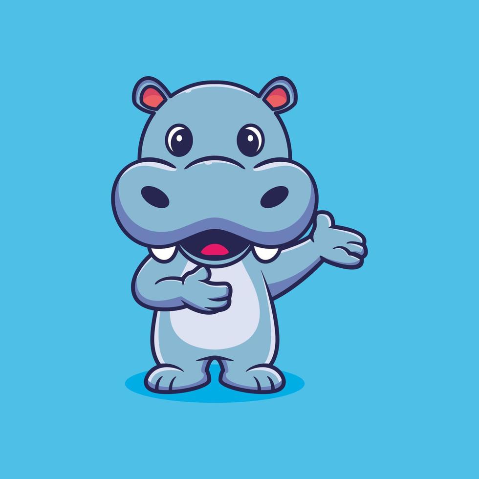 Cute hippopotamus in welcoming gesture cartoon vector icon illustration. animal nature icon concept isolated premium vector
