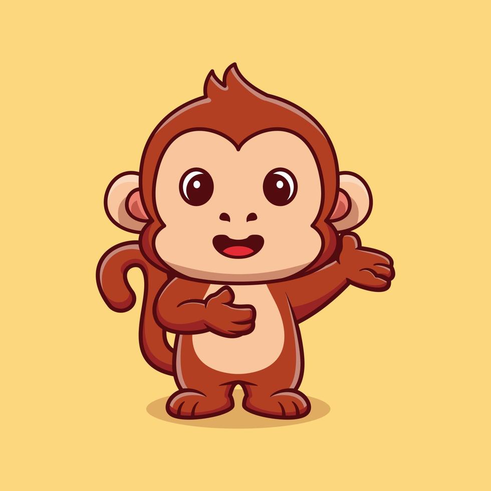 Cute monkey in welcoming gesture cartoon vector icon illustration. animal nature icon concept isolated premium vector