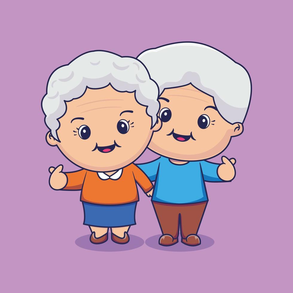Cute loving couple grandpa and grandma chibi cartoon character vector