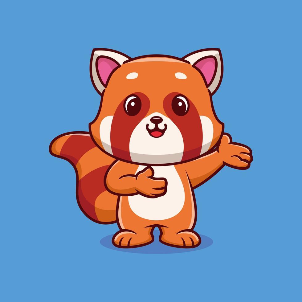 Cute red panda in welcoming gesture cartoon vector icon illustration. animal nature icon concept isolated premium vector