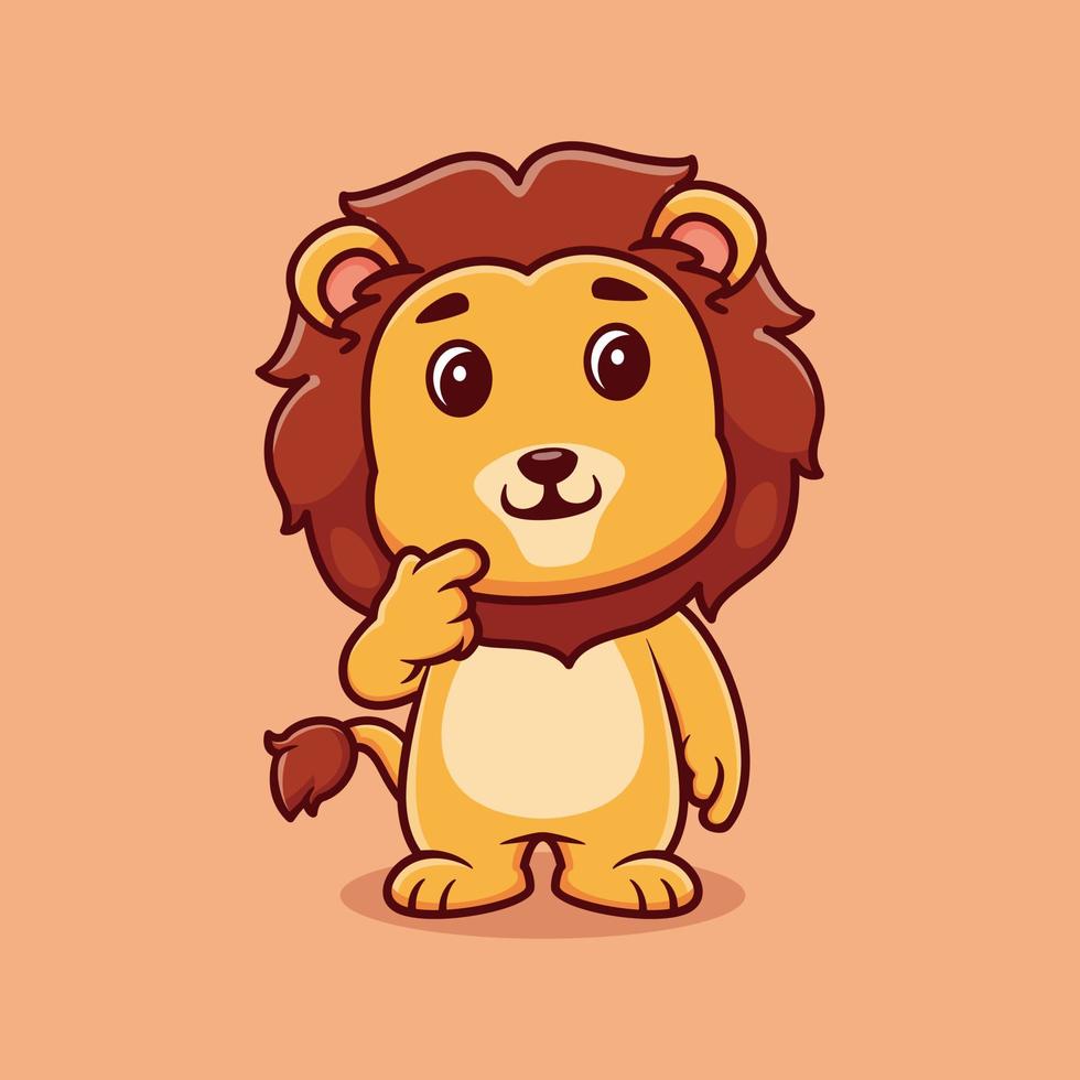 Cute lion think of something cartoon vector icon illustration. animal nature icon concept isolated premium vector