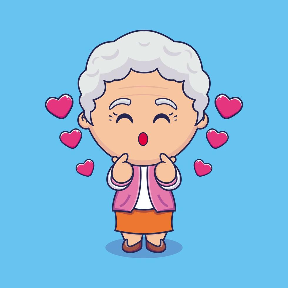 caricatura, ilustración, de, lindo, abuela, posar, amor, dedo vector