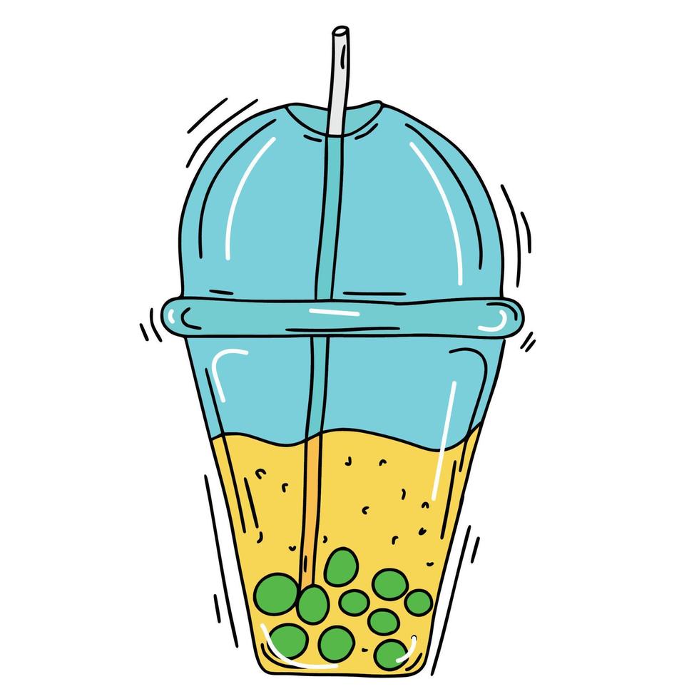 Colored cartoon Doodle smoothie in a plastic cup. Vector illustration
