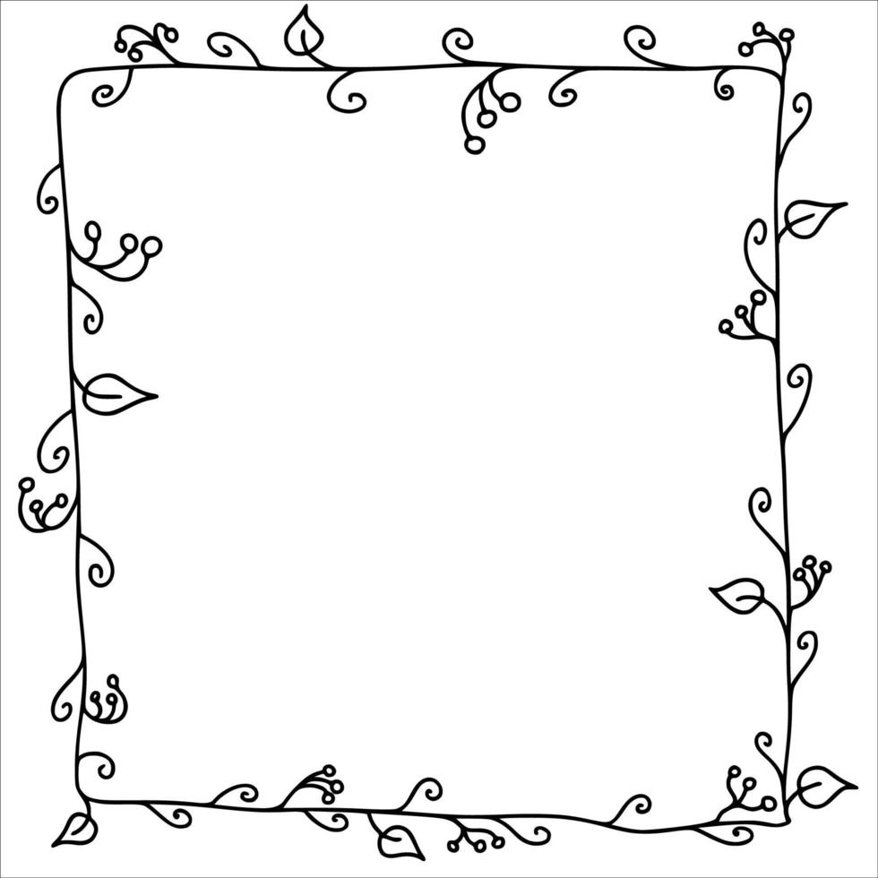 Hand drawn doodle frame with plants and flowers.  Vector illustration