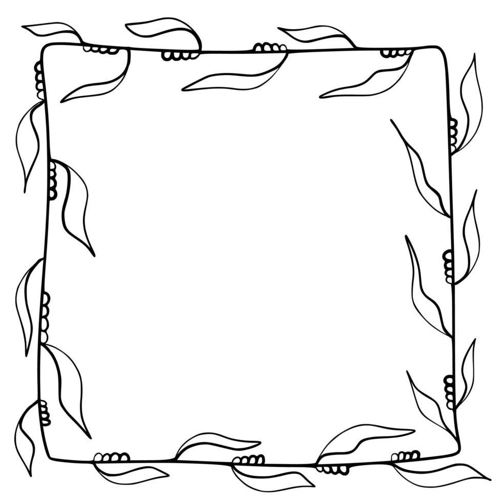 Hand drawn doodle frame with plants and flowers.  Vector illustration