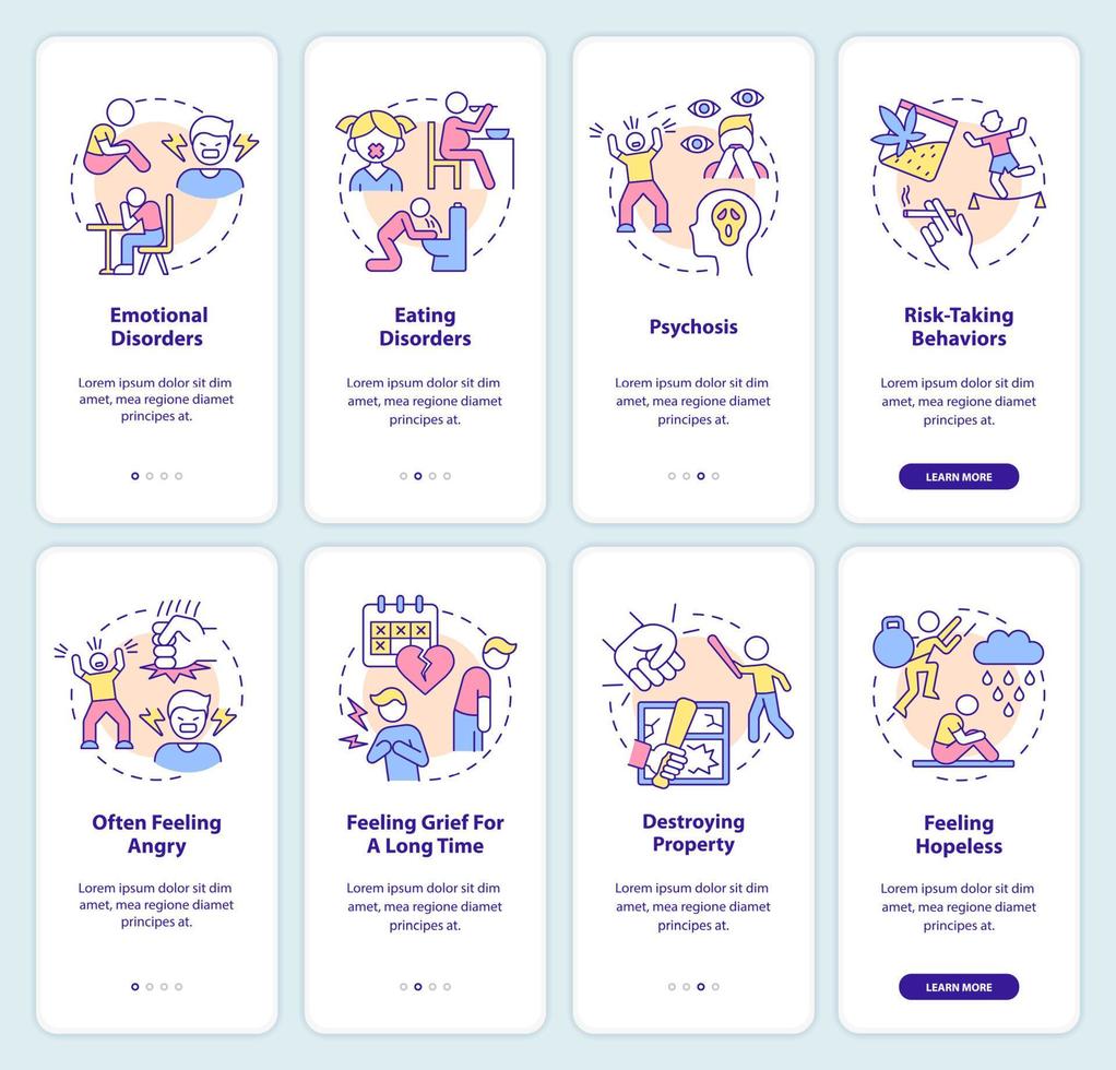 Teen wellbeing onboarding mobile app screen set. Stress-related disorders walkthrough 4 steps graphic instructions pages with linear concepts. UI, UX, GUI template vector
