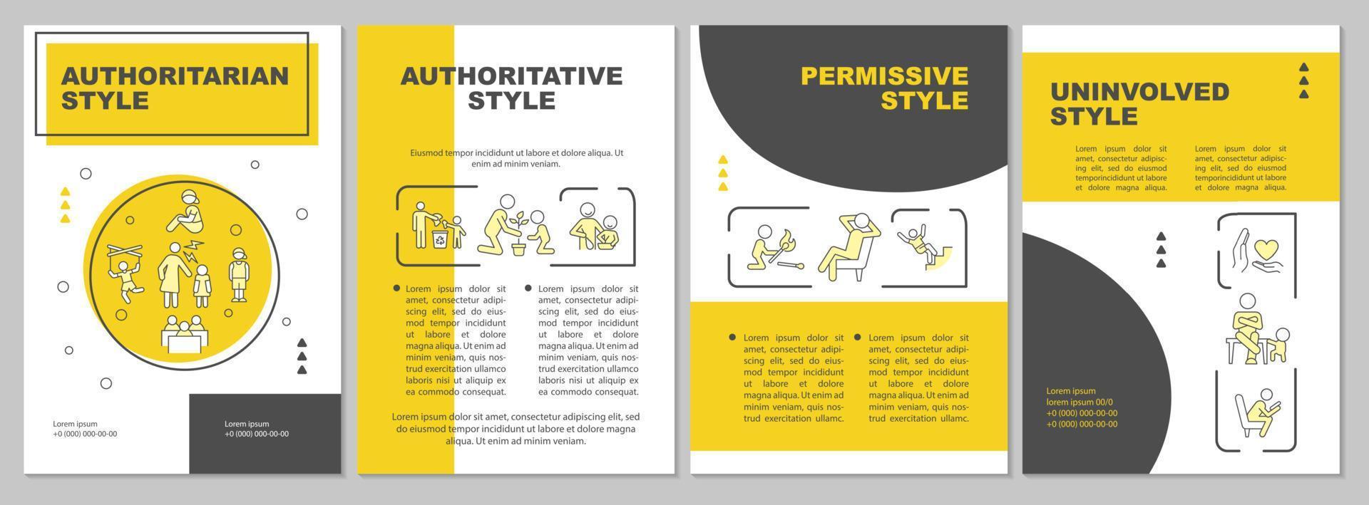 Parental strategies for child raising yellow brochure template. Kid rearing. Leaflet design with linear icons. 4 vector layouts for presentation, annual reports