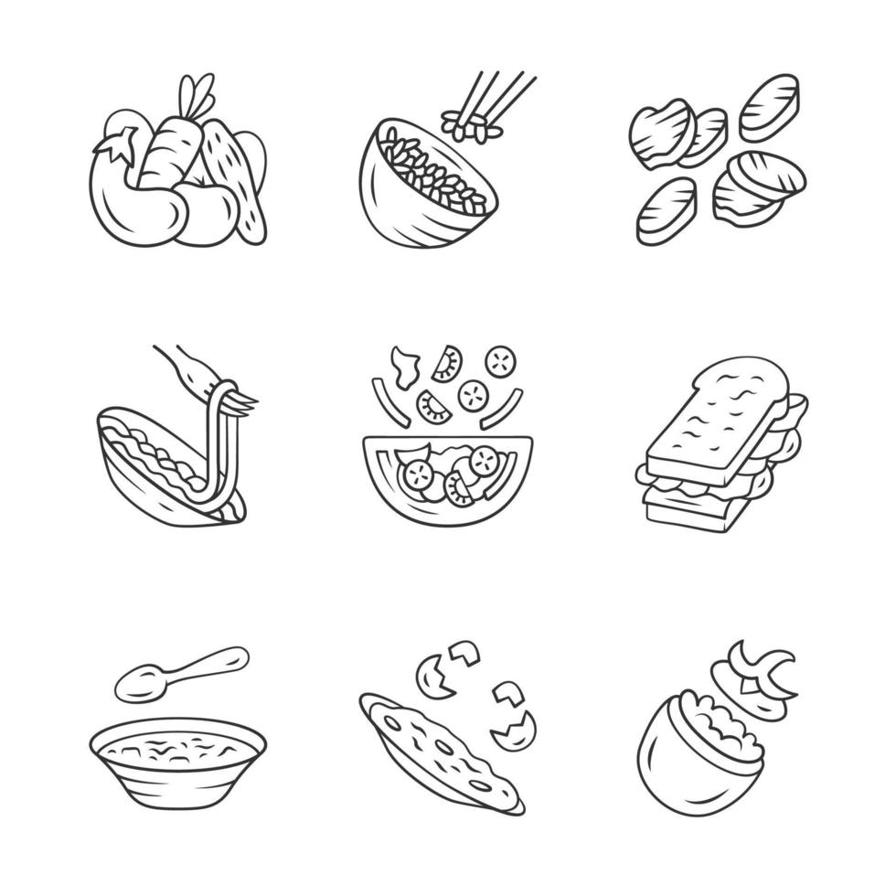 conjunto de iconos lineales de platos de menú de restaurante. ensaladas, sopa, platos principales. arroz, tortilla, bocadillo. comida nutritiva. símbolos de contorno de línea delgada. ilustraciones aisladas de contorno vectorial. trazo editable vector