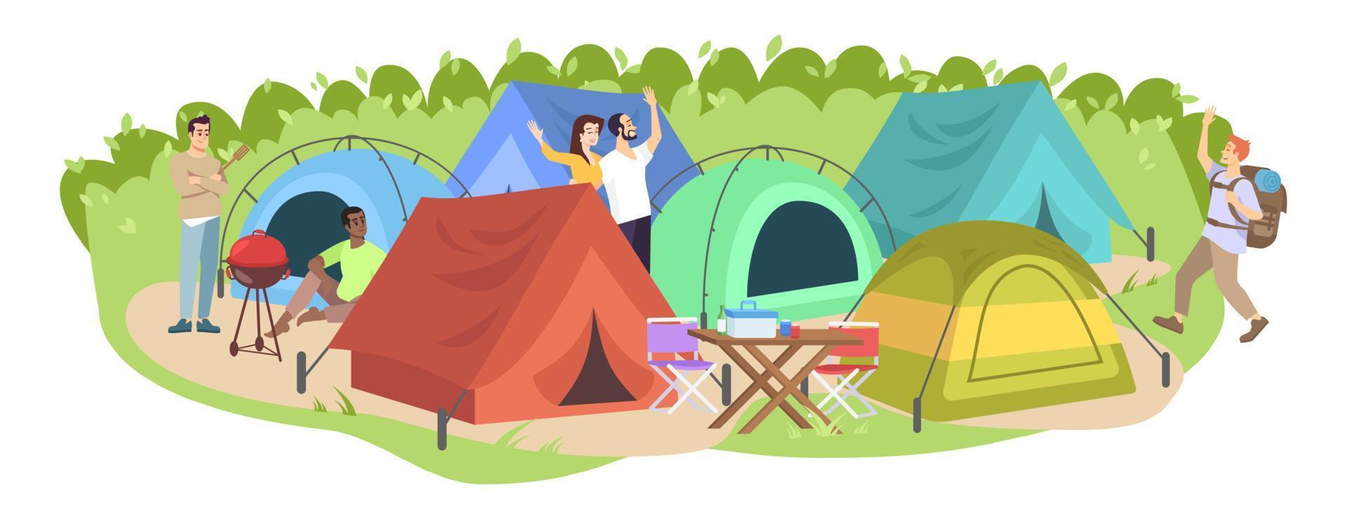 ilustración vectorial plana del festival de camping. campistas felices, personajes de dibujos animados de turistas. ocio de vacaciones de verano, picnic al aire libre de temporada. parque de tiendas, camping en el bosque aislado de fondo blanco vector