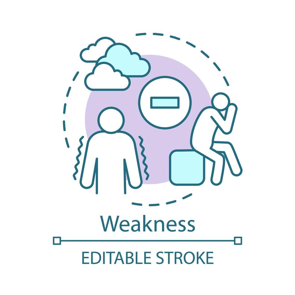 Weakness concept icon. Stress, sickness, disease idea thin line illustration. Unhappy, depressed person vector isolated outline drawing. Weak, tired people. Sadness, despair, fear. Editable stroke