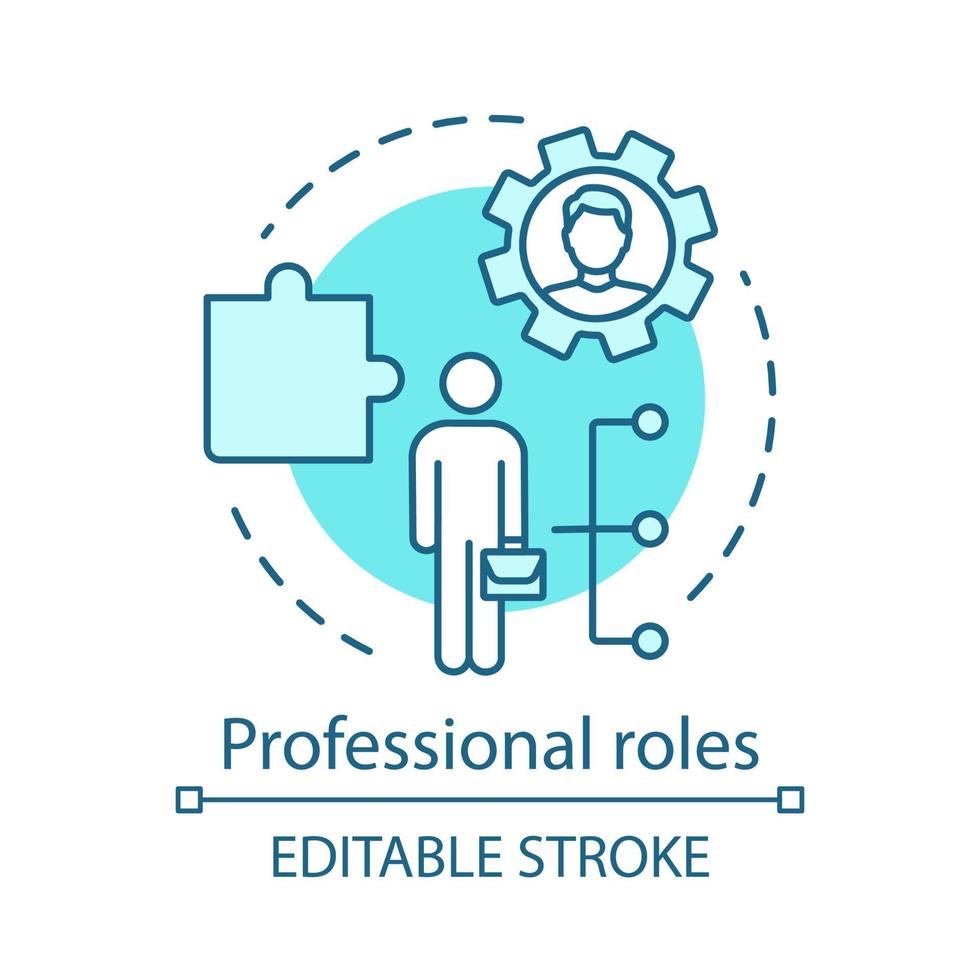 Professional roles turquoise concept icon.Functions, responsibilities and duties of profession member idea thin line illustration. Employer, employee. Vector isolated outline drawing. Editable stroke
