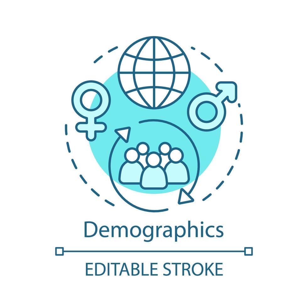 Demographics turquoise concept icon. Worldwide population idea thin line illustration. Different societies, cultures, ethnicity, gender, region, ages vector isolated outline drawing. Editable stroke