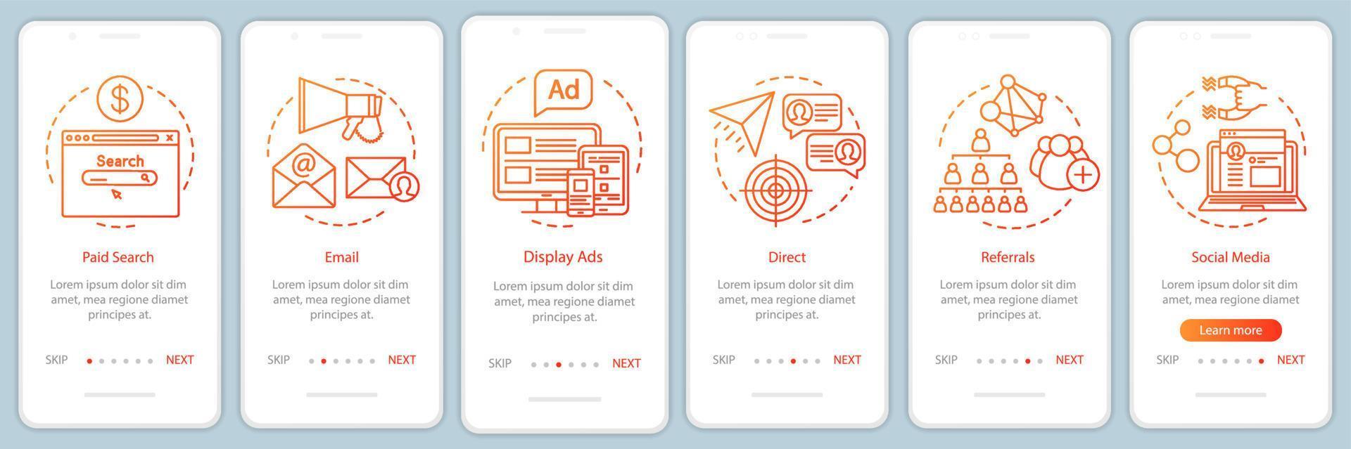 canales de marketing plantilla de vector de pantalla de página de aplicación móvil de incorporación de degradado naranja. formas de atracción de clientes paso a paso del sitio web con ilustraciones lineales. ux, ui, interfaz de teléfono inteligente gui