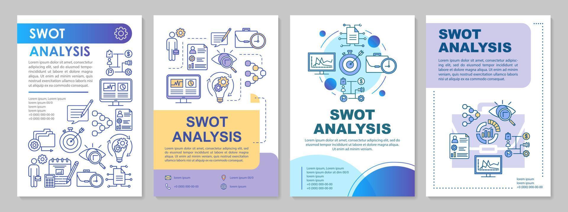 SWOT analysis brochure template layout. Flyer, booklet, leaflet print design with linear illustrations. Evaluating, assessment vector page layouts for magazines, annual reports, advertising posters