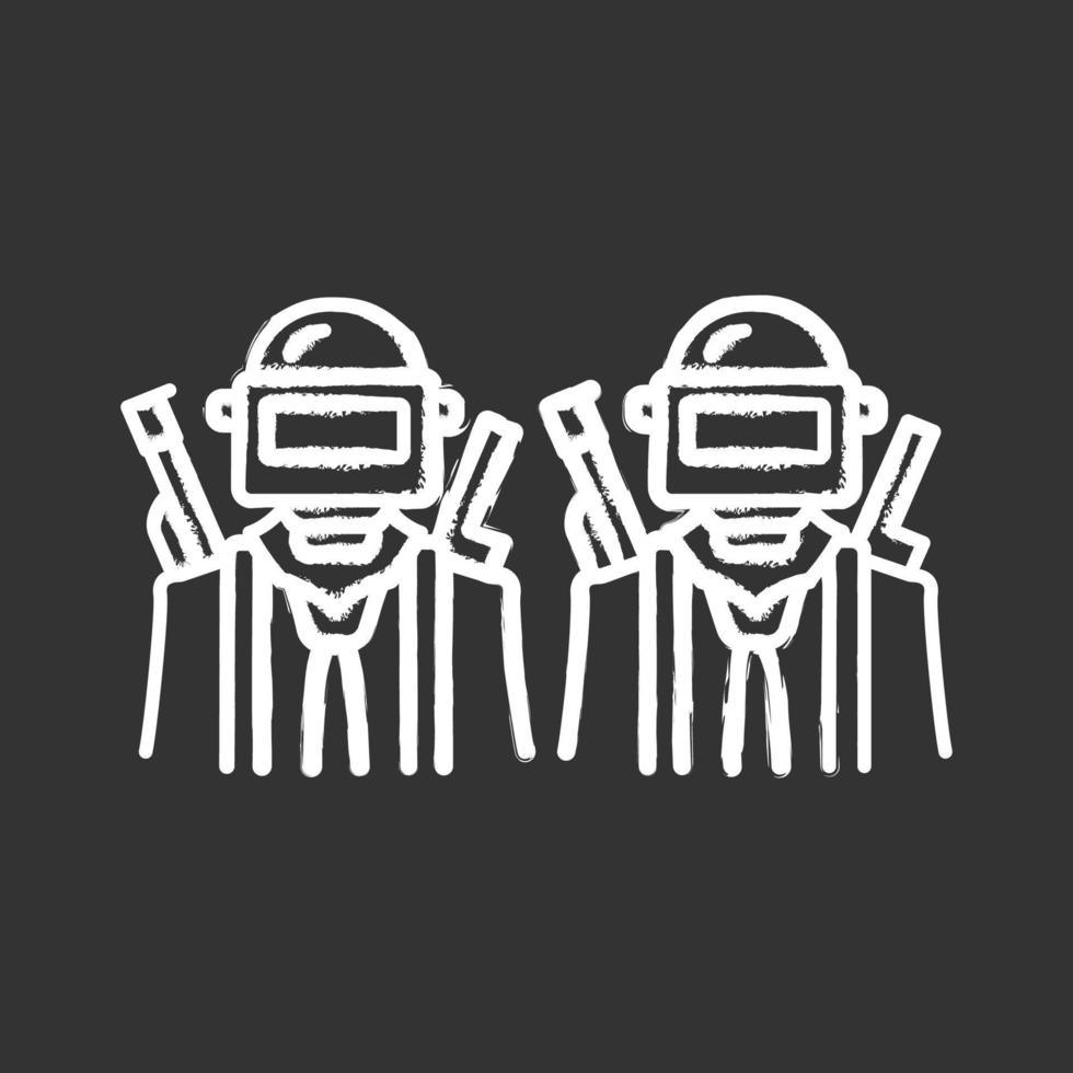 Game soldiers chalk icon. Virtual video game team. Shooter from first person. Online multiplayer. Warriors, players with guns in protective helmets. Isolated vector chalkboard illustration