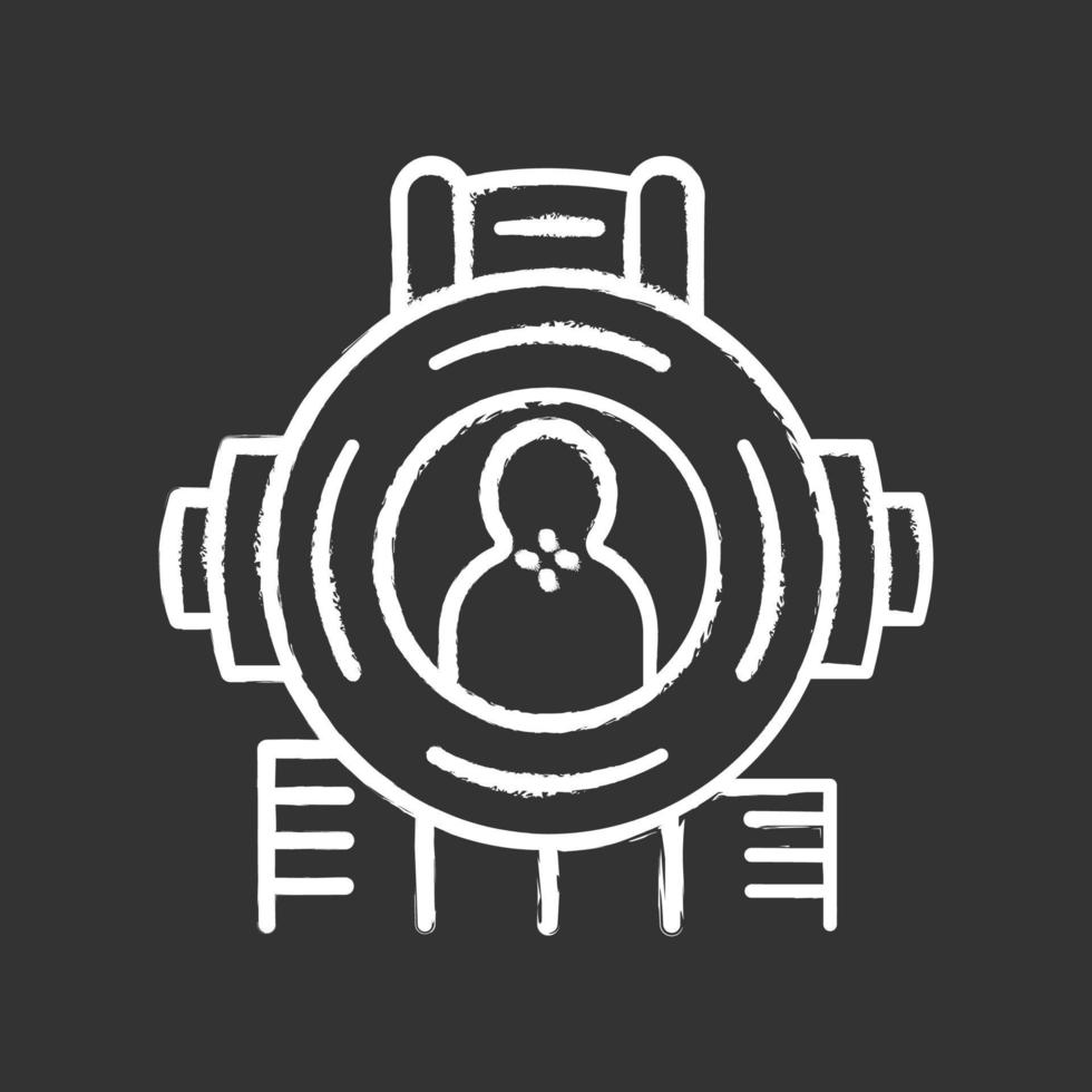 Shooting aim chalk icon. Virtual video game process. Shooter from first person. Sniper aim, gun crosshair. Rifle, firearm target, focus. Isolated vector chalkboard illustration