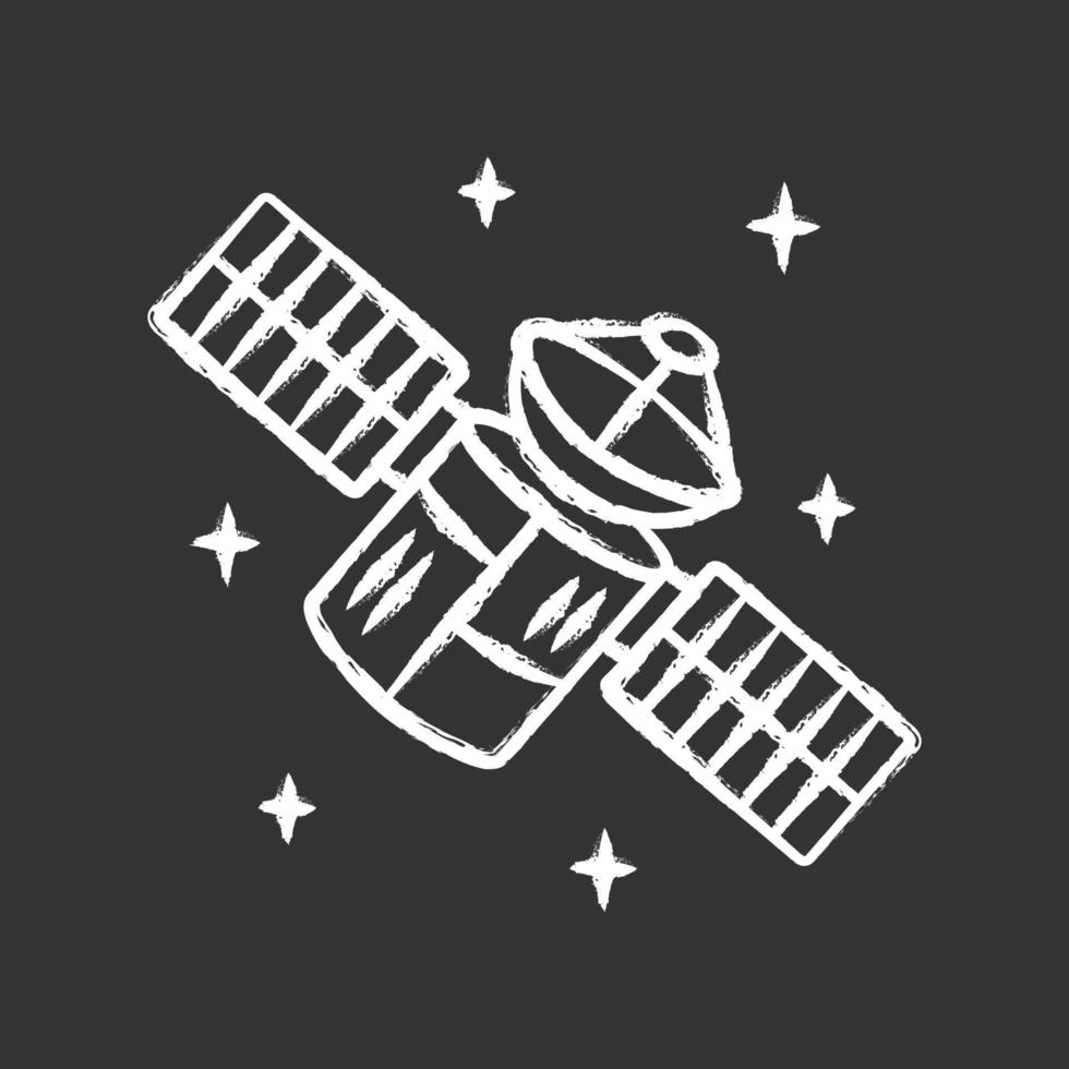 Satellite chalk icon. Sputnik. Artificial object in orbit. Space probe. Military and civilian Earth observation. Space telescope. GPS navigation. Isolated vector chalkboard illustration