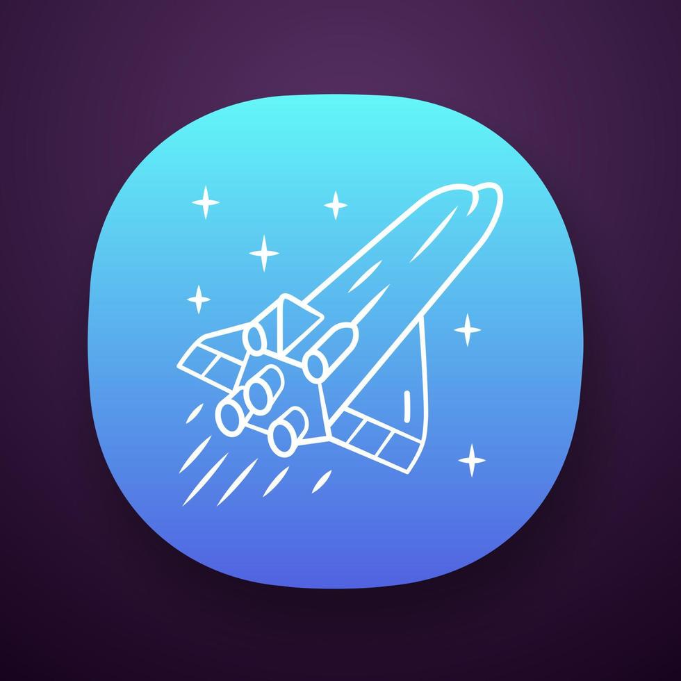 Spaceship app icon. Flying spacecraft. Aerospace vehicle. Human spaceflight. Space exploration. Interplanetary travel. UI UX user interface. Web or mobile application. Vector isolated illustration