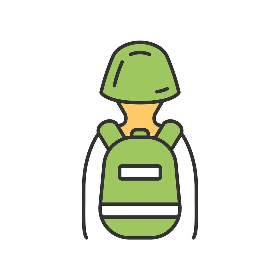Game soldier with tactical backpack color icon. Virtual video game equipment. Player with game inventory back view. Warrior, soldier in helmet and rucksack. Cybersport. Isolated vector illustration