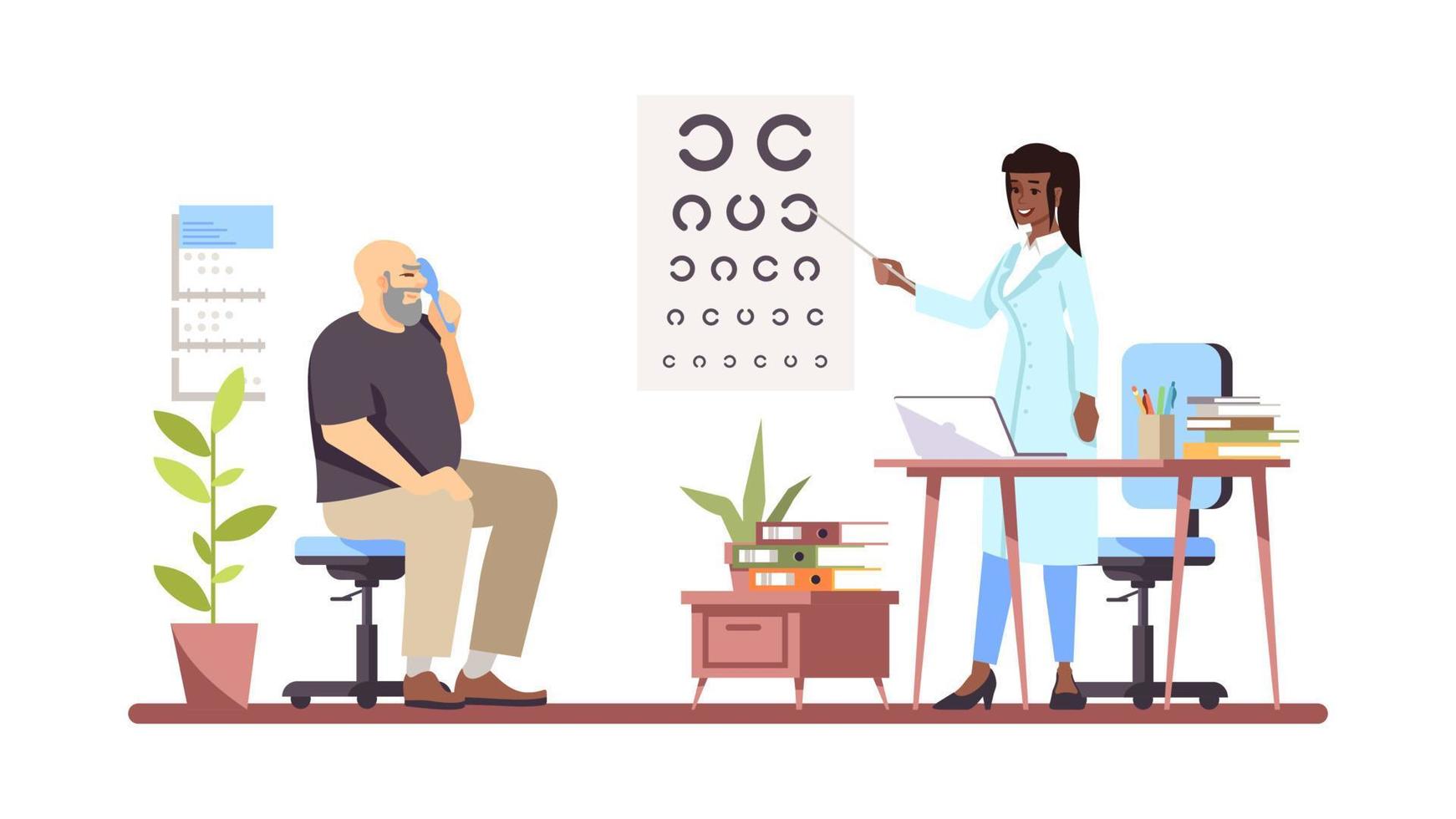 Ophthalmologist checking sight flat vector illustration. Professional doctor and patient isolated cartoon characters on white background. Oculist doing vision test. Medical check, exam. Eyes health