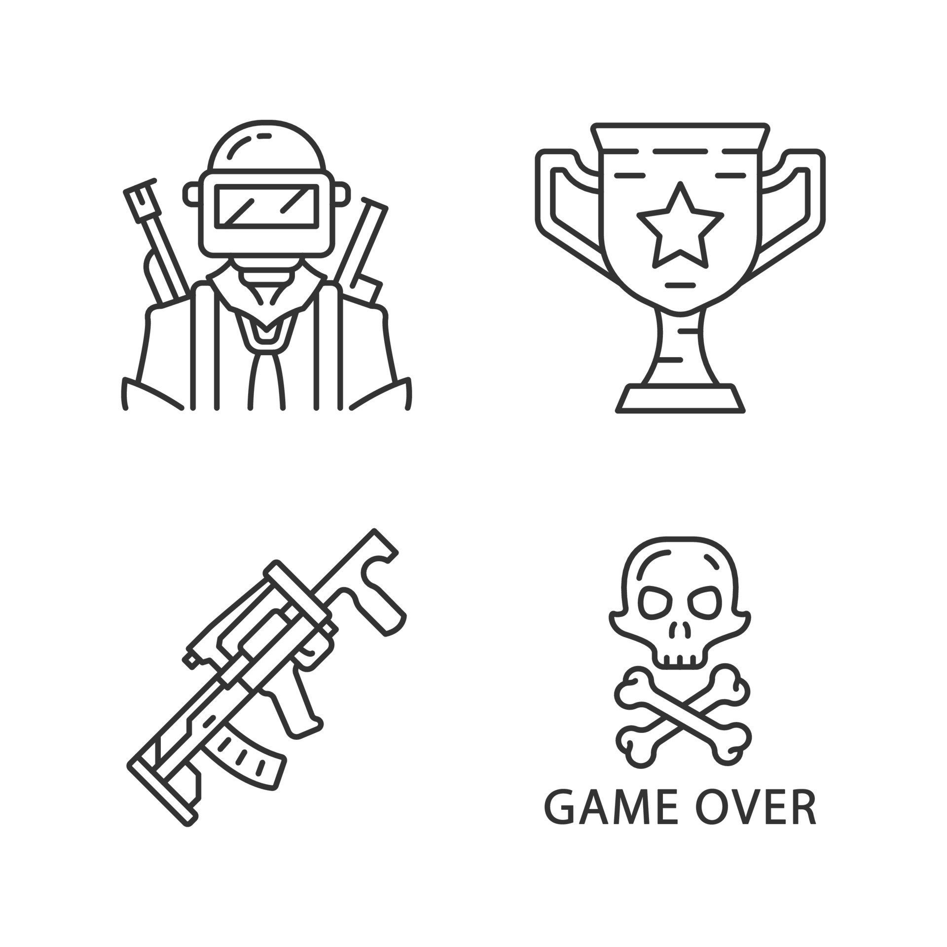 Online game inventory color icons set. Esports, cybersports. Battle royale.  Computer, video game equipment. Soldier,…