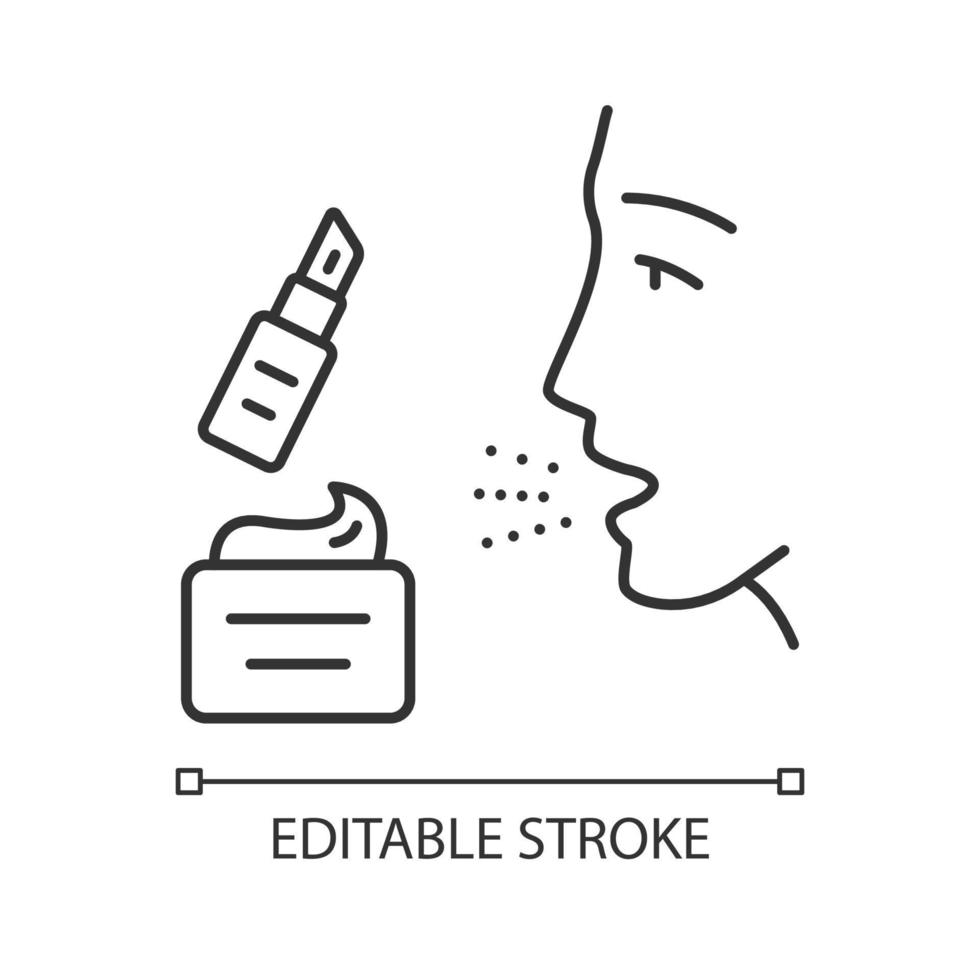 Cosmetic allergies linear icon. Allergic reaction to beauty products. Allergens in skin cream and lipstick. Thin line illustration. Contour symbol. Vector isolated outline drawing. Editable stroke