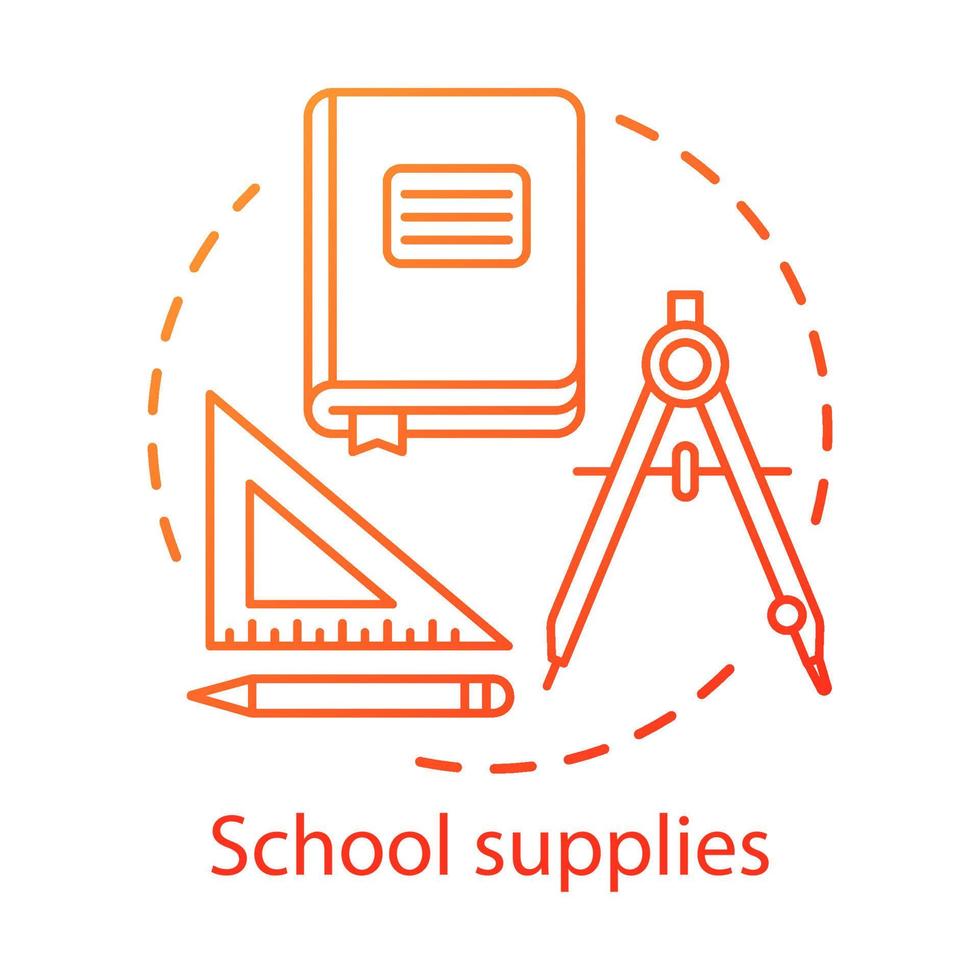 Student equipment, school supplies concept icon. Stationery items store advertising idea thin line illustration. Book, dividers and ruler vector isolated outline drawing. Draftsmanship attributes