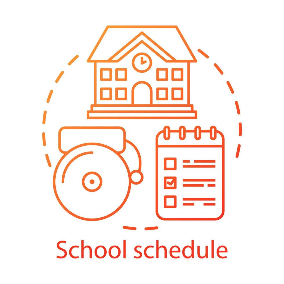 School schedule organization concept icon. Educational plan idea thin line illustration. Schoolhouse, bell and notepad with notes vector isolated outline drawing. Student time management