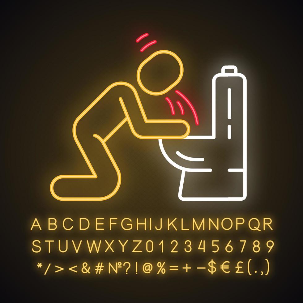 Vomiting, nausea neon light icon. Allergy, food poisoning, hangover symptom. Glowing sign with alphabet, numbers and symbols. Pregnancy morning sickness, toxicosis. Vector isolated illustration