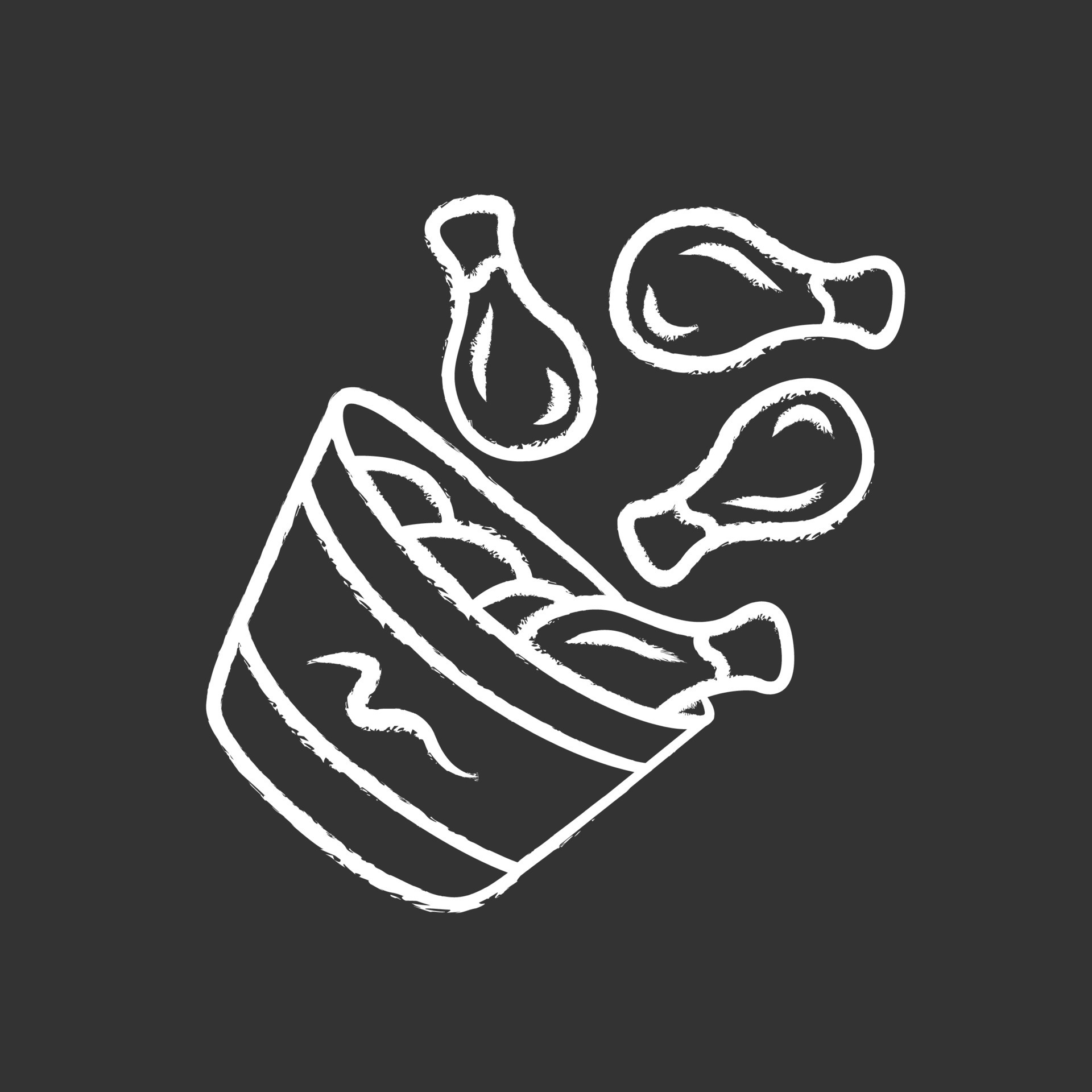 Chicken bucket chalk icon. BBQ chicken drumsticks, legs. Unhealthy fast