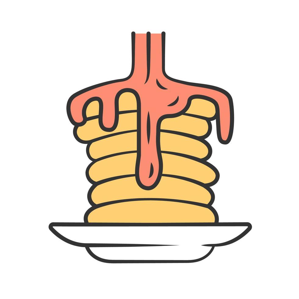 tortitas con icono de color de jarabe. desayuno americano tradicional. postre casero. pila de panqueques dulces y sabrosos con miel. restaurante, menú de cafetería. hot cakes en un plato. ilustración vectorial aislada vector