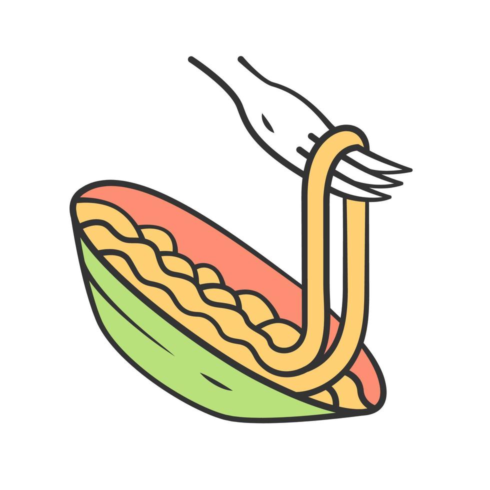 Pasta on fork color icon. Spaghetti, macaroni, noodle. Organic meal. Traditional italian food. Natural eating. Restaurant, cafe menu. Kitchen dishware. Isolated vector illustration