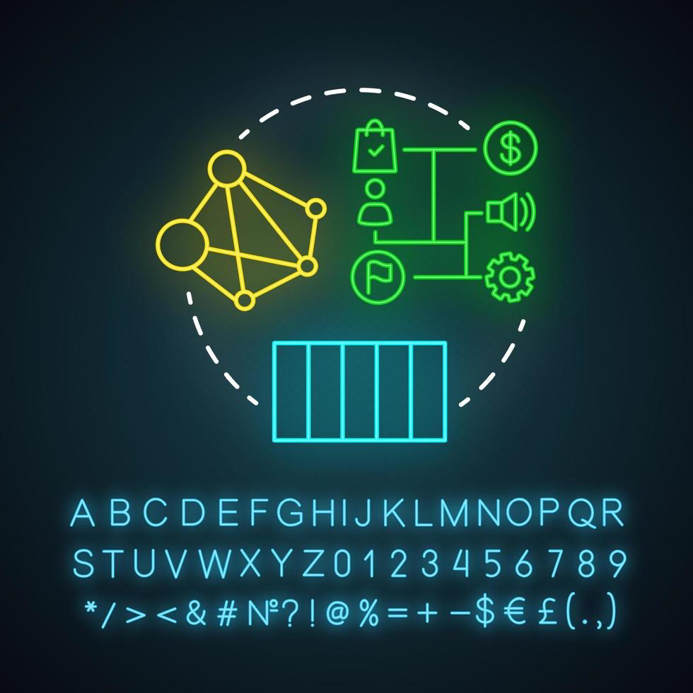 Linear attribution neon light icon. Multi-touch attribution model. Attribution modeling type. Marketing campaigns analyze. Glowing sign with alphabet, numbers and symbols. Vector isolated illustration