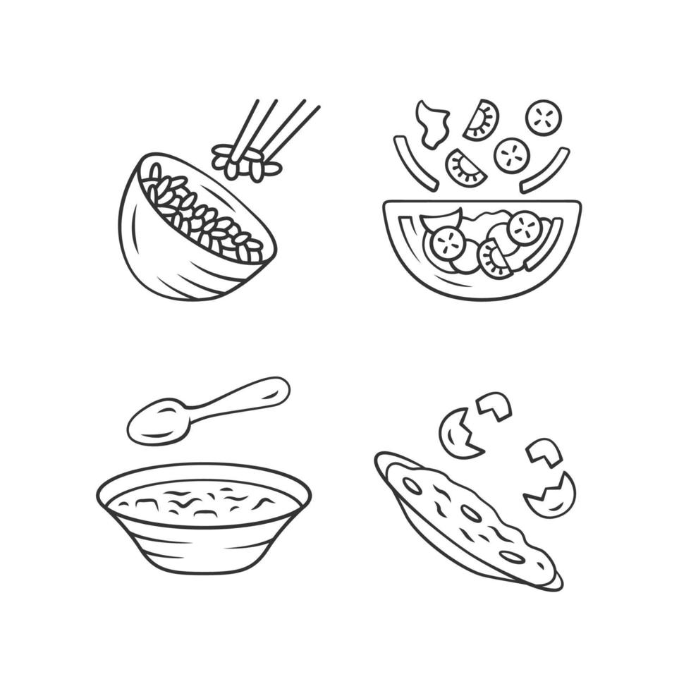 conjunto de iconos lineales de alimentos orgánicos. arroz, verduras, huevos. ensalada, sopa, tortilla. menú del restaurante. primero, segundo curso. símbolos de contorno de línea delgada. ilustraciones aisladas de contorno vectorial. trazo editable vector