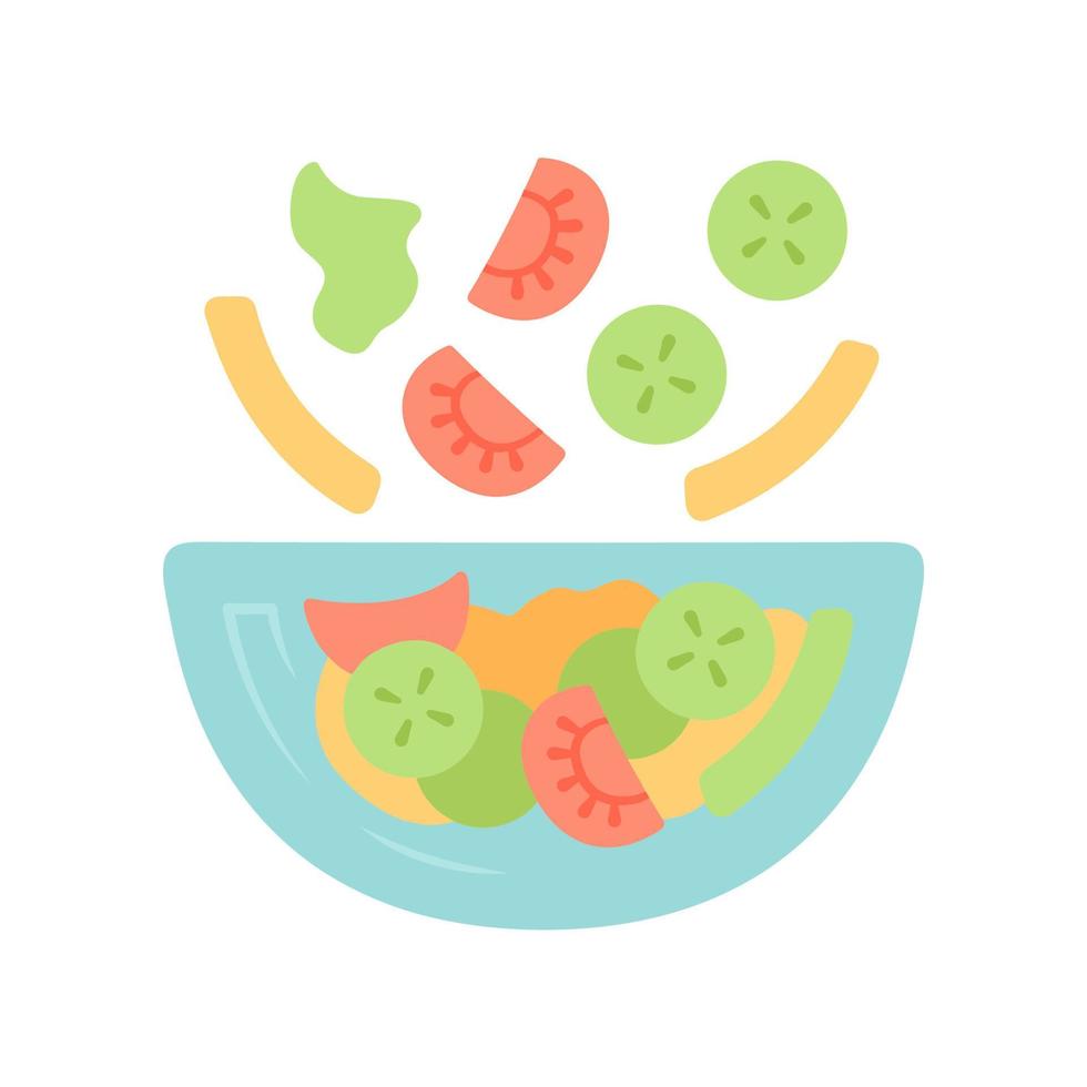 Salad bowl flat design long shadow color icon. Fresh organic food. Vegan eating, vegetables. Healthy nutrition. Vitamin and diet. Tomato, bell pepper, cucumber. Vector silhouette illustration