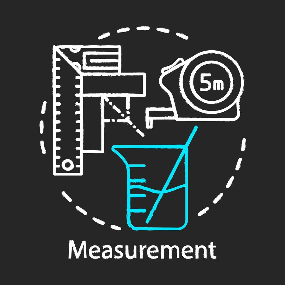 Measurement possibilities, measuring equipment, scientific research chalk concept icon. Angle ruler, measuring beaker, tape measure, metric system idea. Vector isolated chalkboard illustration