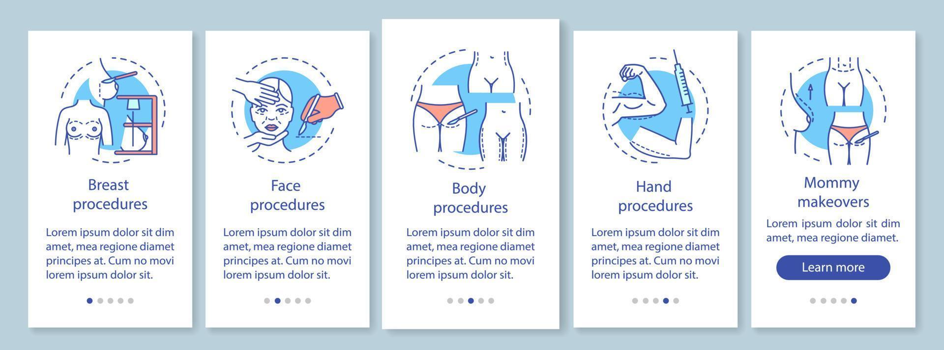 Plastic surgery center procedures onboarding mobile app page screen with linear concepts. Five walkthrough steps graphic instructions. UX, UI, GUI vector template with illustrations