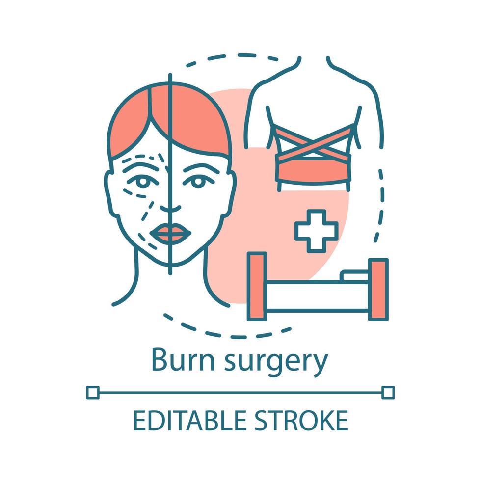 Burn surgery concept icon. Burn and wound treatment idea thin line illustration. Reconstructive plastic surgery. Vector isolated outline drawing. Plastic surgeons. Editable stroke