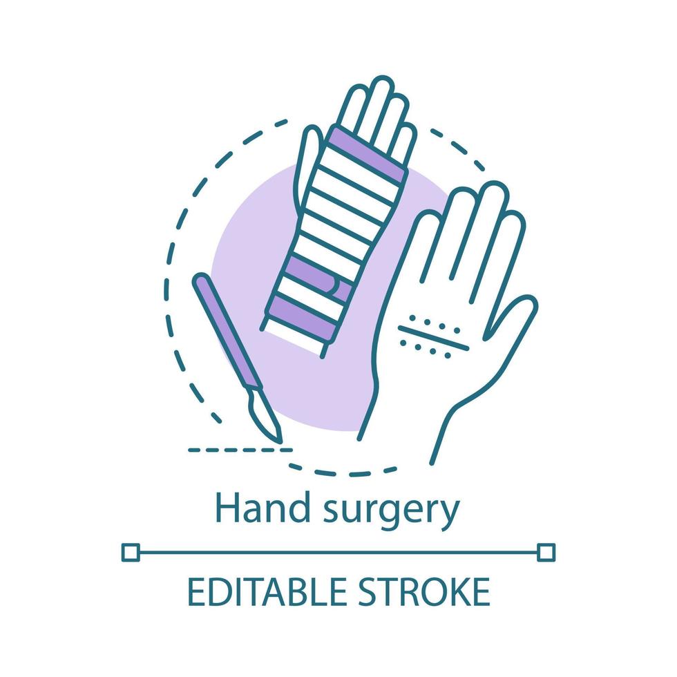 Hand surgery concept icon. Orthopaedic surgery idea thin line illustration. Wrist, forearm problem. Joint replacement. Tendon and nerve repair. Vector isolated outline drawing. Editable stroke