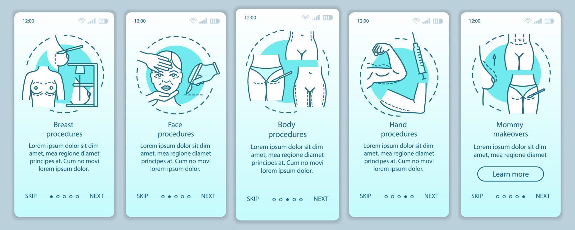 plantilla de vector de pantalla de página de aplicación móvil de incorporación de cambio de forma de cuerpo quirúrgico. cambios de imagen de mamá. paso a paso del sitio web con ilustraciones lineales. ux, ui, concepto de interfaz de teléfono inteligente gui