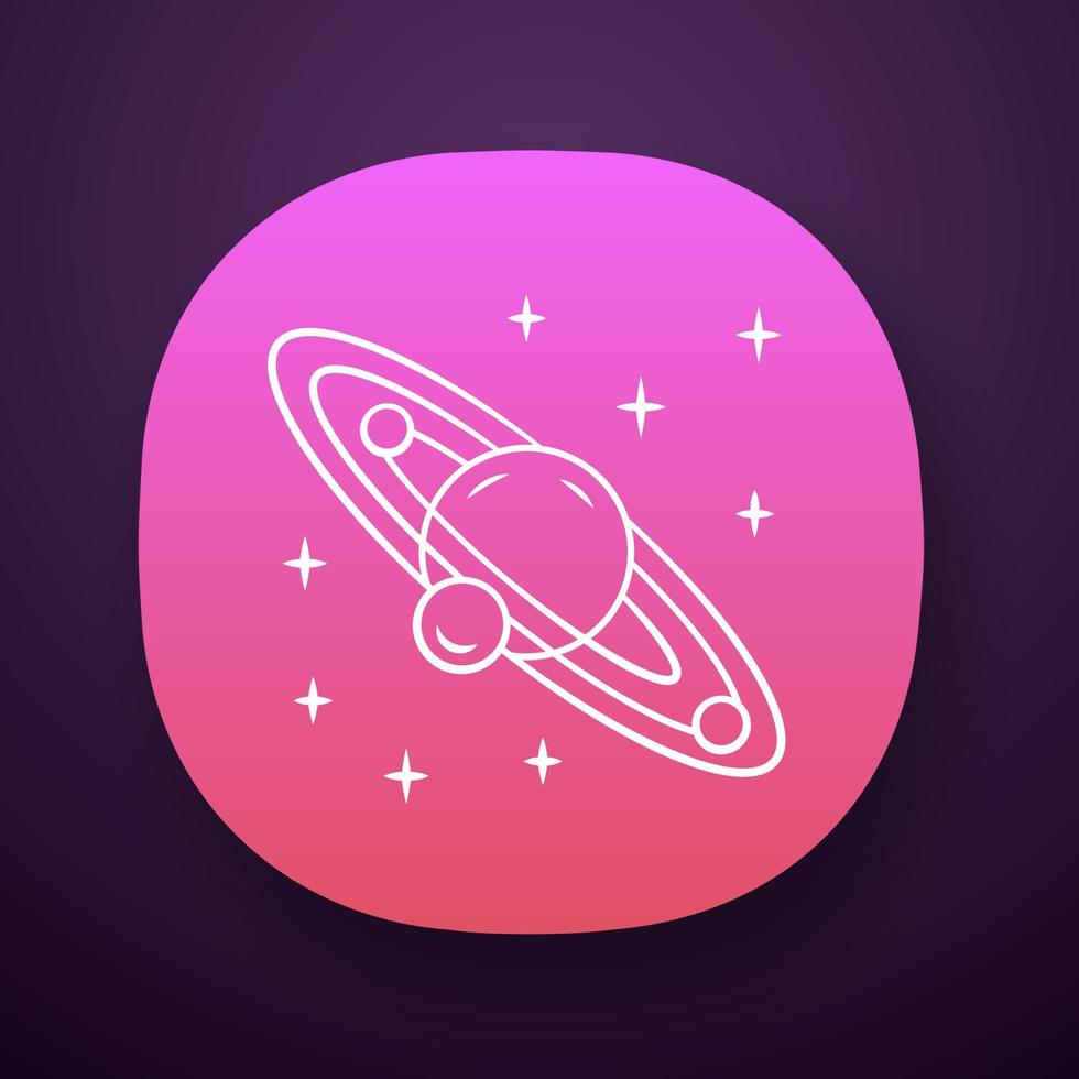Solar system app icon. Celestial bodies orbiting star. Sun planetary system. Planet and three satellites. Astronomy. UI UX user interface. Web or mobile application. Vector isolated illustration
