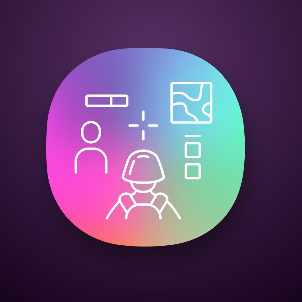 icono de la aplicación de tirador 3d. videojuego virtual. multijugador en línea. batalla real ciberdeporte, competencia de esport. interfaz de juego de computadora. interfaz de usuario ui ux. aplicación web o móvil vector