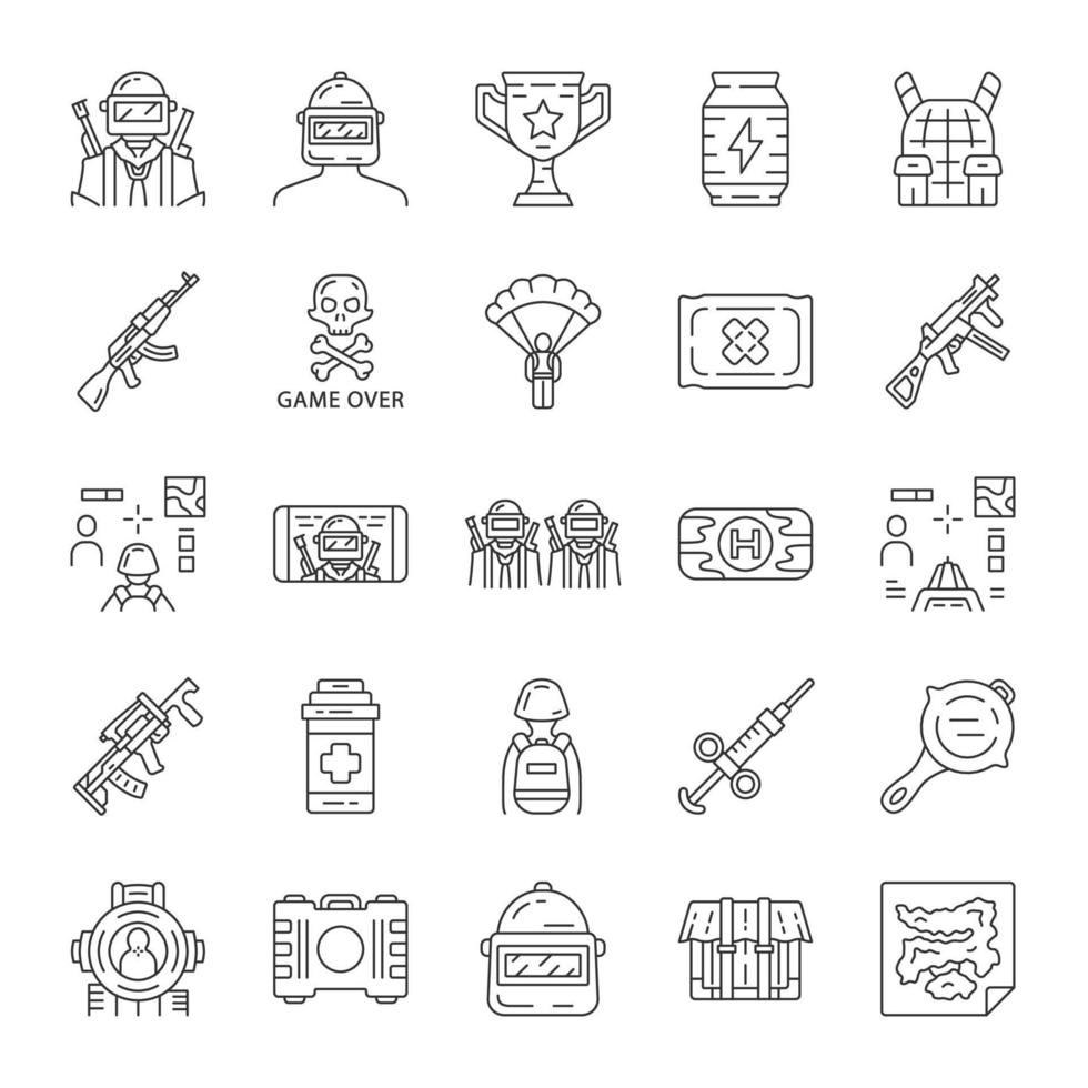 Online game inventory linear icons set. Online multiplayer battle royale. Esports equipment. Computer game tools.Thin line contour symbols. Isolated vector outline illustrations. Editable stroke