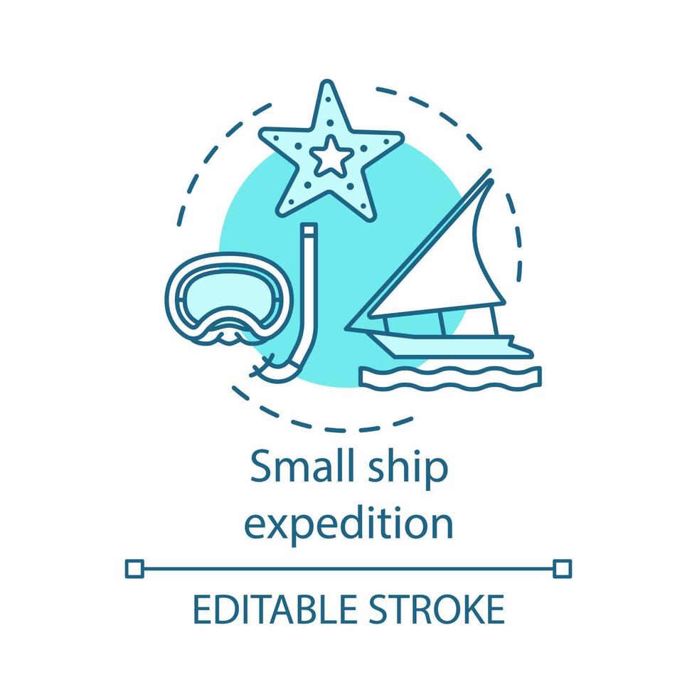 Small ship expedition concept icon. Travel experience idea thin line illustration. Scuba diving. Ocean exploration. Marine tourism. Cruise liner. Vector isolated outline drawing. Editable stroke