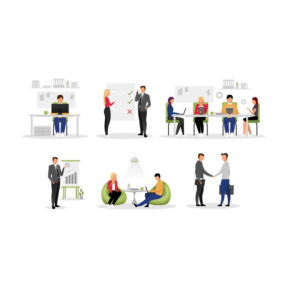 Office work flat vector illustrations set. Coworking, negotiations, business meeting, conference. Workers, managers, business people isolated cartoon characters. Project management, working process