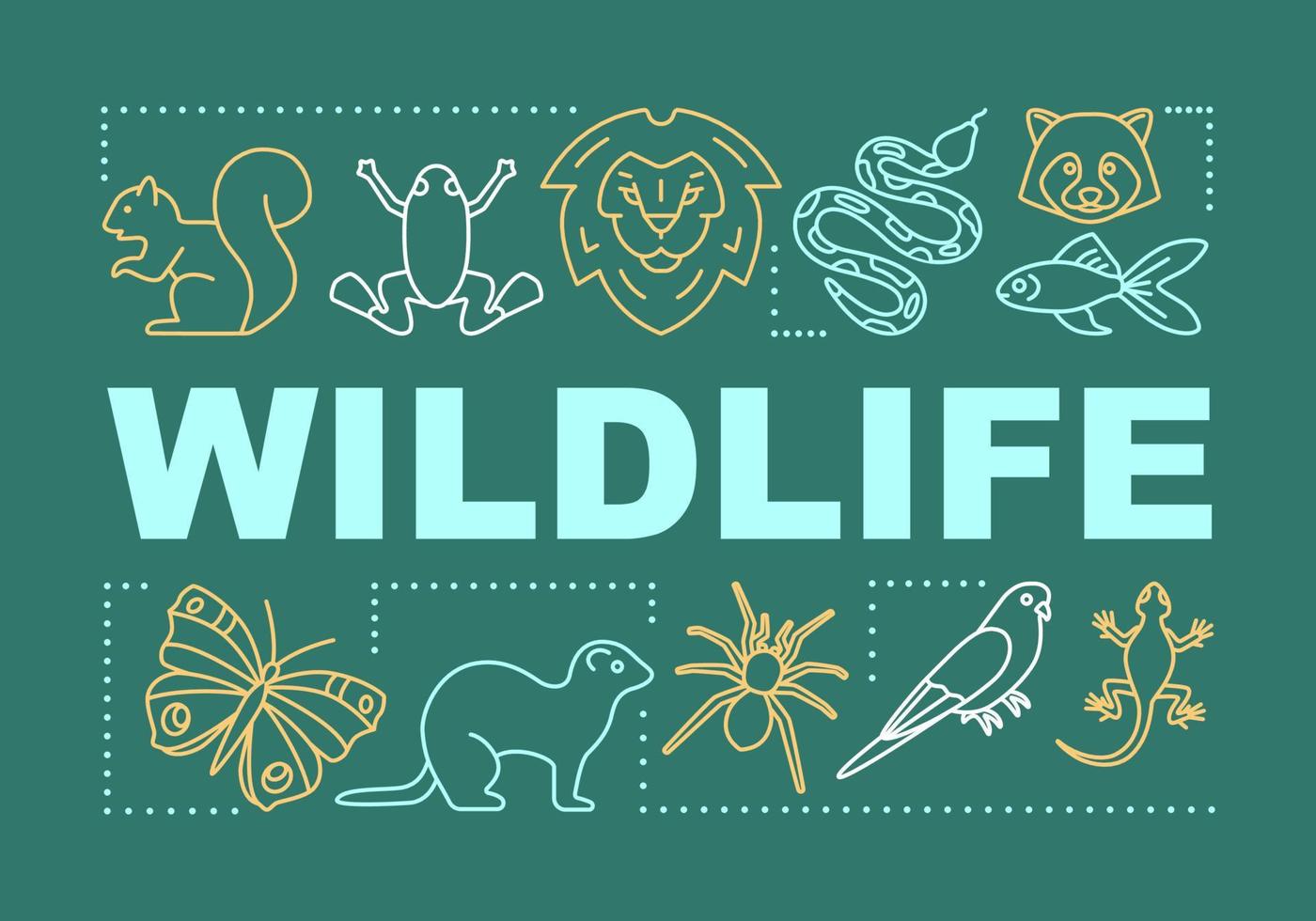 banner de conceptos de palabras de vida silvestre. experiencia de viaje observación de animales salvajes. viaje a la jungla presentación, sitio web. idea de tipografía de letras aisladas con iconos lineales. ilustración de contorno vectorial vector