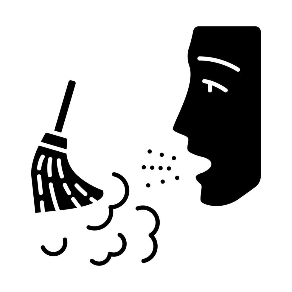 Dust allergy glyph icon. Airborne allergen source. Allergic reaction of immune system. Man breathes house dust. Respiratory disease. Silhouette symbol. Negative space. Vector isolated illustration