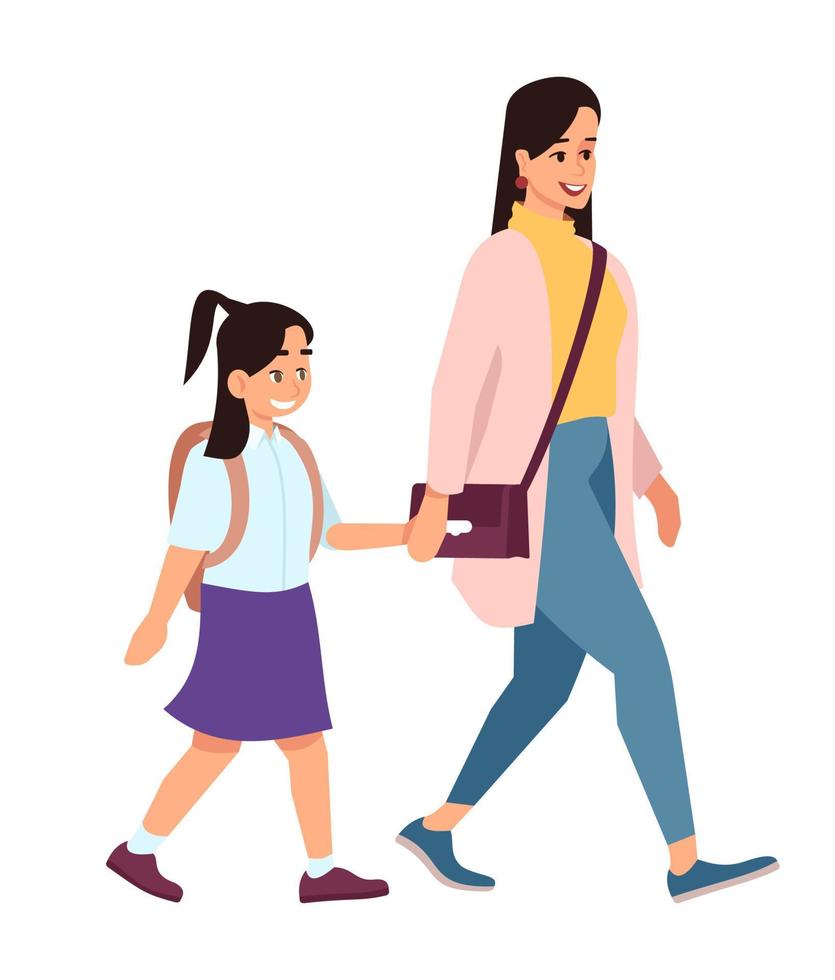 Mother with daughter going to school flat vector illustration. Happy parent and schoolgirl holding hands cartoon characters isolated on white background. Woman and schoolkid with backpack walking