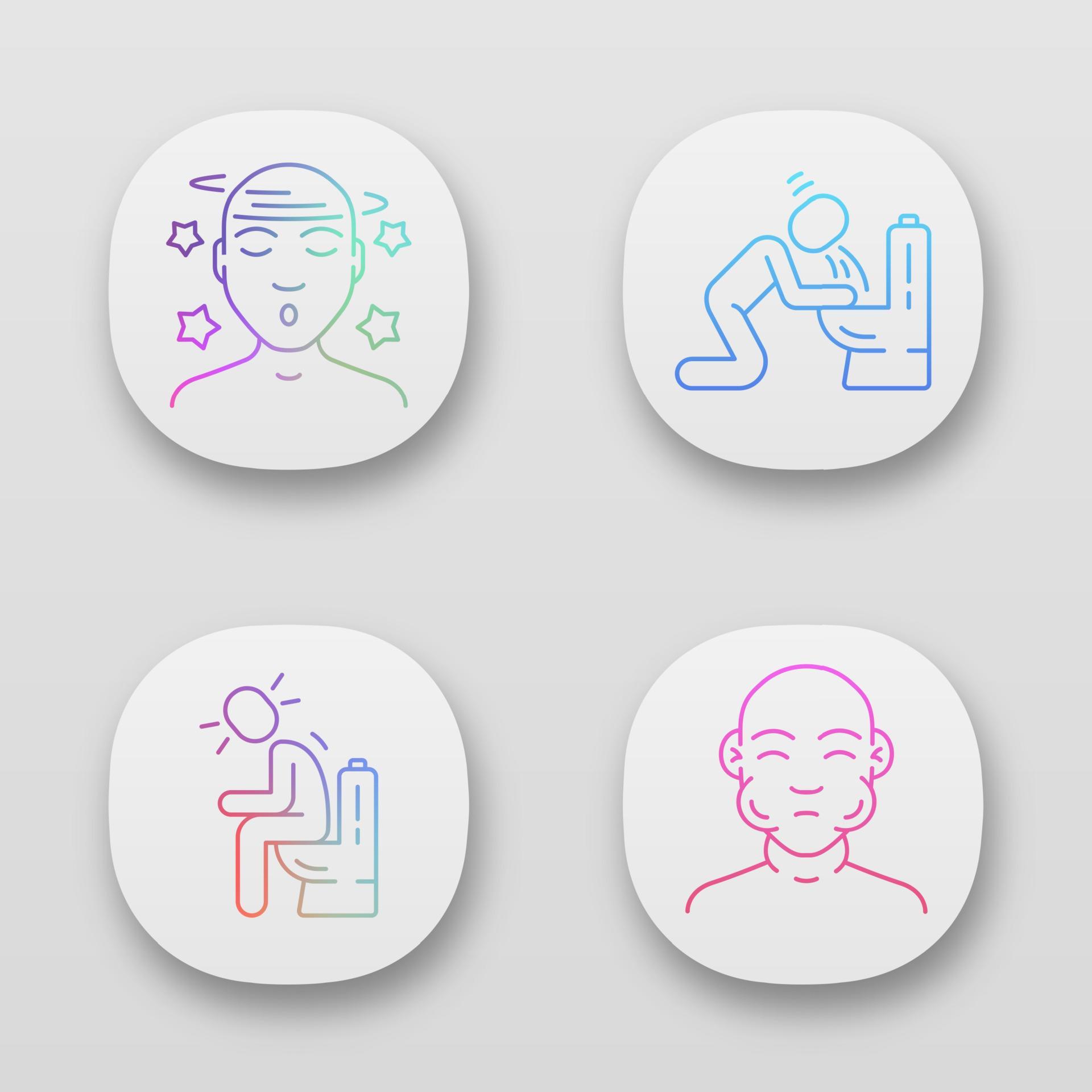 Food poisoning app icons set. Allergy symptoms. Vomiting, diarrhea