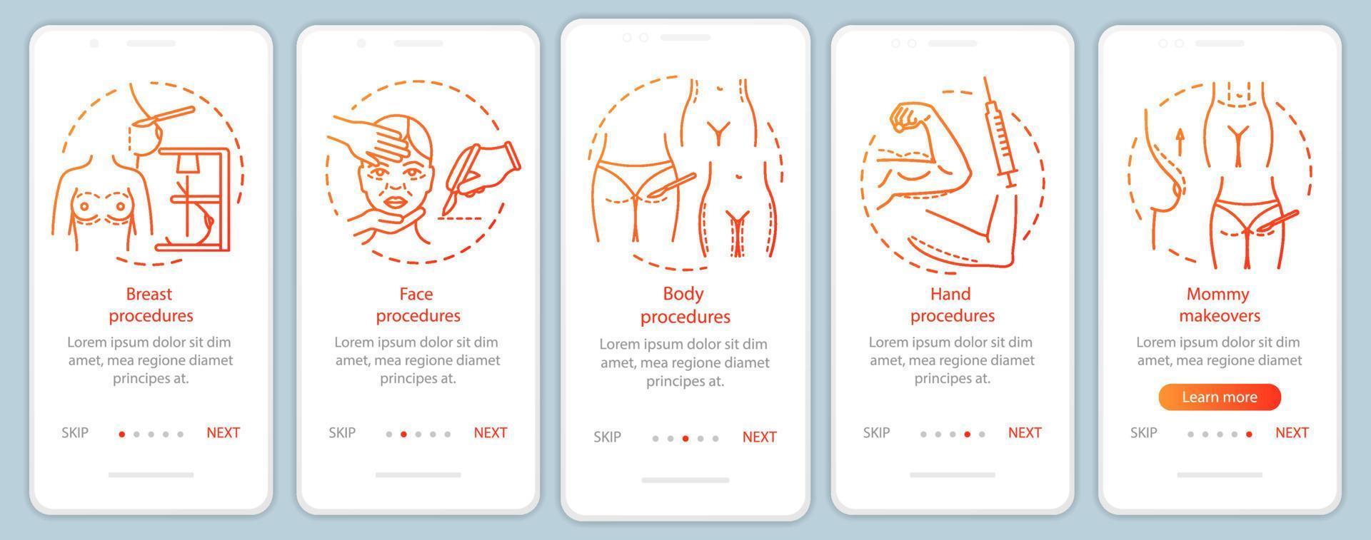 Body contouring surgery onboarding mobile app page screen vector template. Breast and hand procedures.. Walkthrough website steps with linear illustrations. UX, UI, GUI smartphone interface concept
